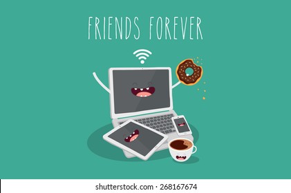 Electronic device, laptop, tablet, phone and coffee illustration. Vector cartoon. Friends forever. Comic characters. Use for card, poster, banner, web design and print on t-shirt. Easy to edit.