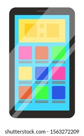 Electronic device like phone isolated on white background. Smartphone or tablet used for work, study and everyday life. Display turned on, icons of applications. Vector illustration in flat style