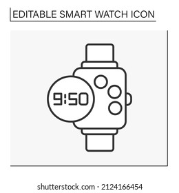  Electronic device line icon. Digital watch show time in accessory on wrist. Smartwatch concept. Isolated vector illustration. Editable stroke
