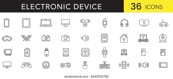 Electronic Device Line Icon Set – Minimal Outline Vector Icons of Smart Gadgets, Digital Tools, and Consumer Electronics