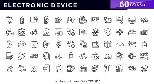 Conjunto de iconos de línea de dispositivo Electrónica. Incluye portátil, tableta, teléfono inteligente, drone, monitor de computadora, tecnología, TV, cámara, colección de iconos de contorno de Vector CCTV. Paquete de iconos de stock editable.