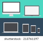 Electronic device (mac book, iPad, mac pro) laptop, phone, tablet, monitor trendy flat icons. Vector illustration.