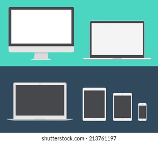 Electronic Device (mac Book, IPad, Mac Pro) Laptop, Phone, Tablet, Monitor Trendy Flat Icons. Vector Illustration.