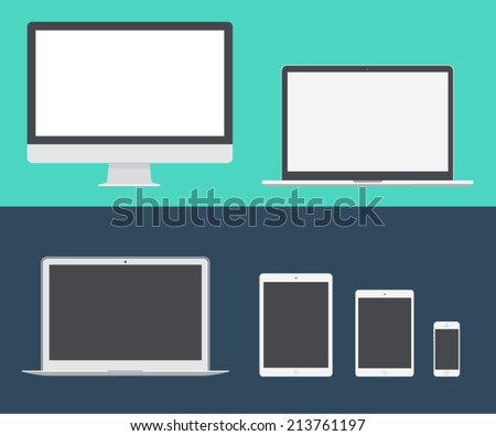 Electronic device (mac book, iPad, mac pro) laptop, phone, tablet, monitor trendy flat icons. Vector illustration.
