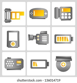 electronic device and media icons set, gold color theme, vector