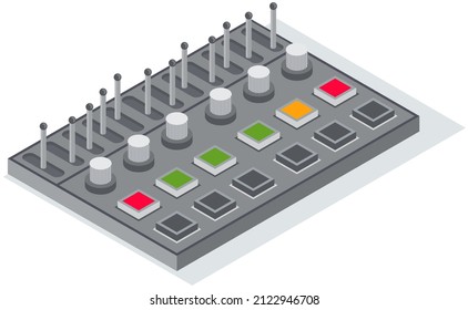 Electronic device, mixer designed to work with signals. Equipment for musician, sound specialist. Volume console to create music. Element of sound control. Audio controller vector illustration