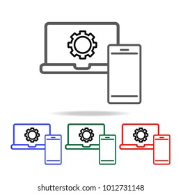 electronic device of a mobile phone and laptop with gears inside icon. Element of finance multi colored icons for mobile concept and web. Thin line icon for website. Premium icon on white background