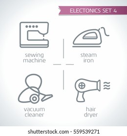 Electronic device modern icon contour grey vector set, sewing machine, steam iron, vacuum cleaner, hair dryer