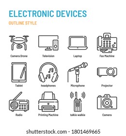 Dispositivo electrónico en el icono de esquema y conjunto de símbolos