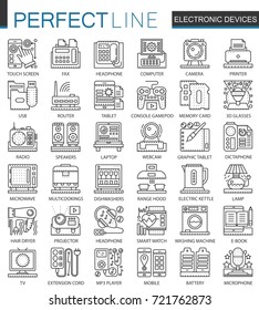 Electronic device outline mini concept symbols. Household gadgets modern stroke linear style illustrations set. Perfect thin line icons.