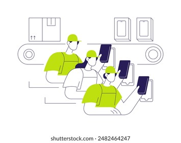 Electronic device packaging abstract concept vector illustration. Group of factory workers packaging smartphones, electronics manufacturing, light industry, gadgets delivery abstract metaphor.