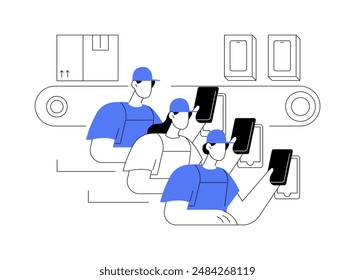 Electronic device packaging abstract concept vector illustration. Group of factory workers packaging smartphones, electronics manufacturing, light industry, gadgets delivery abstract metaphor.