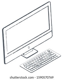 Electronic device, personal computer or PC, used for work and study, office and school. Square shaped monitor and keyboard. Outline picture, sketch drawing. Vector illustration in minimalism