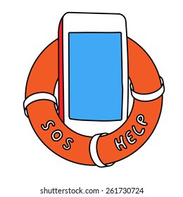 Electronic device phone in orange lifebuoy with sos and help words on it side. You text here