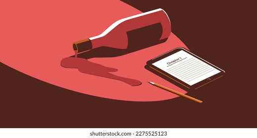 An electronic device for reading books and a spilled bottle of wine. The concept of learning or reading or being alone.