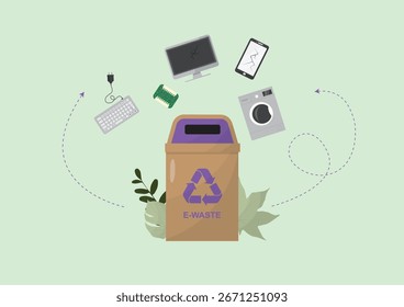 Reciclaje Electrónica de Dispositivos. Dispositivos Electrónicas con contenedores de reciclaje de desechos electrónicos que representan un proceso de eliminación y reciclaje de tecnología sostenible. Concepto de residuos electrónicos. Gestión de residuos. Ilustración vectorial