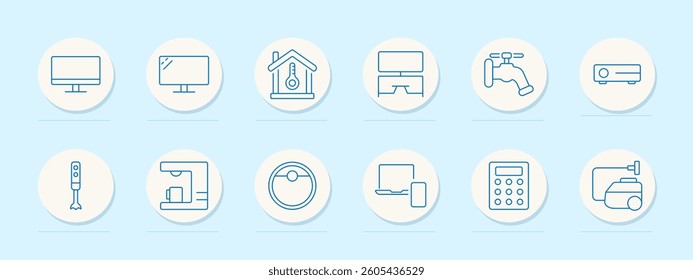 Electronic device set icon. Monitor, thermometer, desk setup, tap, projector, blender, coffee machine, speaker, laptop, calculator, vacuum cleaner