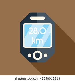 Electronic device showing distance in kilometers for cycling or running workout with long shadow design