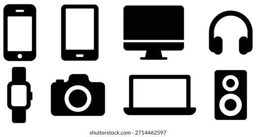Conjunto de silhueta de dispositivo eletrônico, coleção de ícones de gadget digital, símbolos de equipamentos de tecnologia moderna