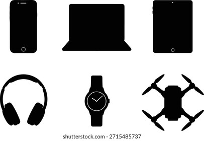 Silueta Electrónica del dispositivo, icono del smartphone, forma del ordenador portátil, contorno de la tableta, gráfico del abejón, símbolo del auricular, forma del smartwatch, dispositivo de la tecnología, engranaje digital, tecnología moderna
