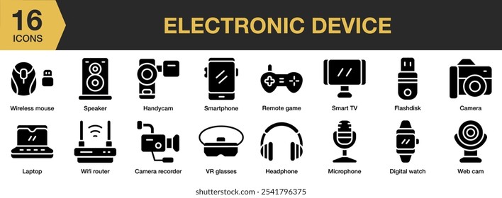 Conjunto de iconos sólidos de dispositivo Electrónica. Incluye grabadora de cámara, reloj digital, flashdisk, handycam, auriculares y más. Colección de Vector de iconos sólidos.