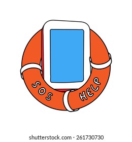 Electronic device tablet in orange lifebuoy with sos and help words on it side You text here
