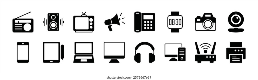 Electronic device and technology icon vector set. Contains computer, mobile, laptop, monitor, tablet, radio, speaker, television, megaphone, phone, smart watch, cctv camera, router, printer, headphone