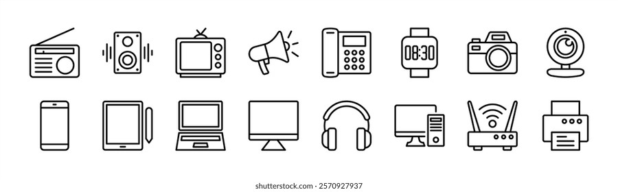 Electronic device and technology thin line icon set. Containing computer, mobile, laptop, monitor, tablet, radio, speaker, television, megaphone, phone, smart watch, cctv camera, router, printer