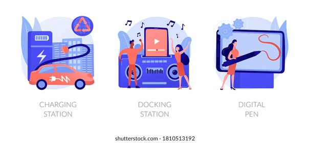 Electronic Device Use And Charge Abstract Concept Vector Illustration Set. Charging Station, Docking Station, Digital Pen, Electrical Outlet, Battery Capacity, Play Music, Connect Abstract Metaphor.