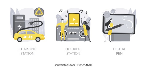Electronic device use and charge abstract concept vector illustrations.