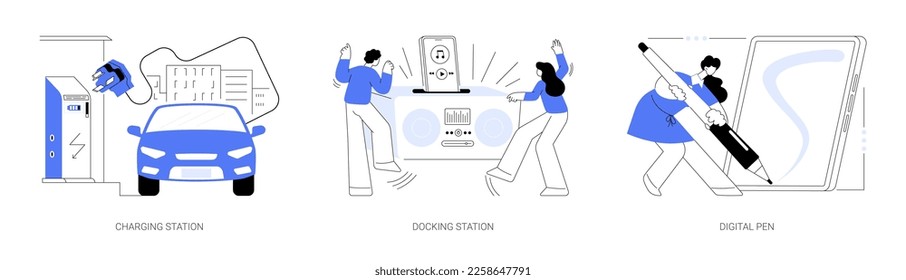 Electronic device use and charge abstract concept vector illustration set. Charging station, docking station, digital pen, electrical outlet, battery capacity, play music, connect abstract metaphor.