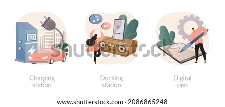 Vector Electronic device use and charge abstract concept vector illustration set. Charging station, docking station, digital pen, electrical outlet, battery capacity, play music, connect abstract metaphor.