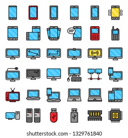 Electronic device vetor illustration set, filled style icon editable stroke