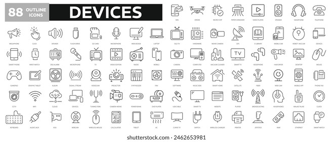 Electronic Devices 88 thin line icon set. Web icons. Computer, Smartphone, Tablet, Mail, Search, Tablet, Cloud, Media icon. Device collection. Vector illustration