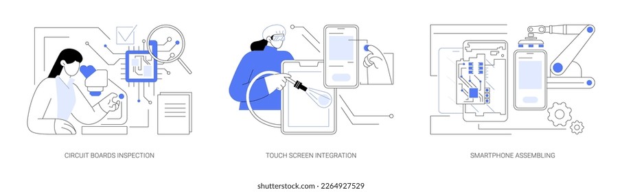 Electronic devices assembly abstract concept vector illustration set. Circuit boards inspection, touch screen integration, smartphone assembling, electronic gadgets manufacturing abstract metaphor.