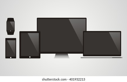 Electronic Devices with Black Screens - Electronic devices with black, shiny screens isolated on white background; desktop computer, laptop, tablet,mobile phone and smart watch