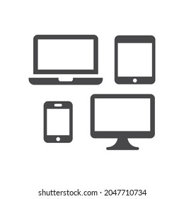 Electronic devices black vector icon set. Tv screen, laptop, smartphone and tablet responsive design symbols.
