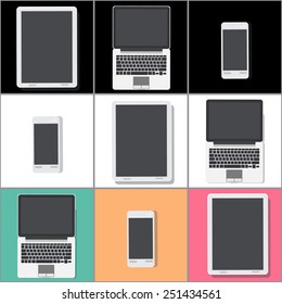 Electronic Devices with black White colour Screens - Electronic devices with white, shiny screens isolated on white background; desktop computer, laptop, tablet and mobile phones. 
