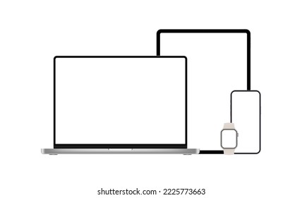 Electronic Devices With Blank Screens. Laptop, Tablet, Phone, Smart Watch, Isolated on White Background. Vector Illustration