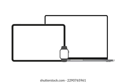 Electronic Devices With Blank Screens. Laptop, Tablet, Smart Watch, Isolated on White Background. Vector Illustration