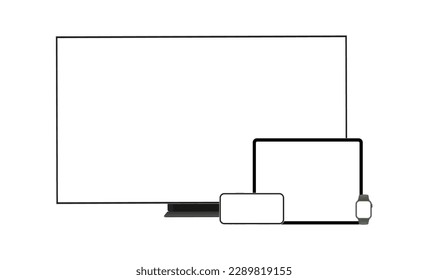 Dispositivos Electrónicos Con Pantallas En Blanco. Televisión ancha, tablet, teléfono, reloj inteligente. Ilustración vectorial