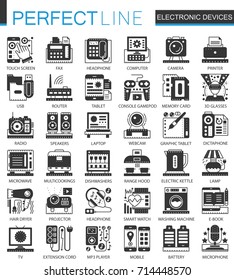 Electronic devices classic black mini concept symbols. Vector gadgets modern icon pictogram illustrations set.