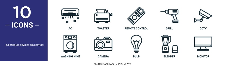 colección de dispositivos electrónicos. el conjunto de iconos de contorno incluye cable de línea fina, tostadora, control remoto, taladro, cctv, lavadora, iconos de cámara para informe, presentación, diagrama, diseño web