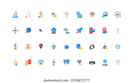 Electronic devices, communication and equipment with remote control for smart home color icon set. Automation and AI processor, drone and robot, ultrasound machine flat elements vector illustration