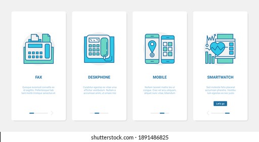 Electronic devices for communication vector illustration. UX, UI onboarding mobile app page screen set with line digital gadget equipment to communicate and work, fax deskphone smartwatch smart phone