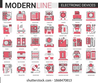 Electronic devices complex concept flat line icon vector illustration set, computer accessories and kitchen appliances collection of outline electronically symbols for gadget or kitchenware store.