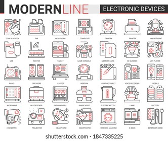 Electronic devices complex concept icon vector set. Red black thin line computer game accessories and kitchen appliances collection of outline electronically symbols for gadget or kitchenware store