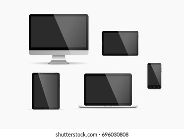 Electronic devices with dark screens. Vector illustration. Set of monitor, tablet pc,smart phone and laptop.