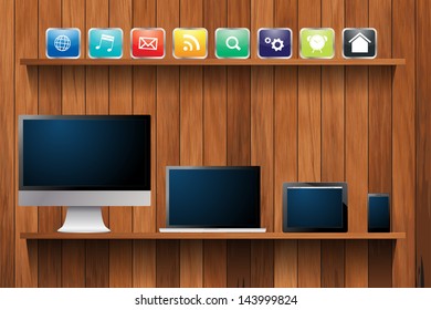 Electronic devices desktop computer, laptop, tablet and mobile phones, With cloud of colorful  app icon on wood shelf,  Vector illustration template design