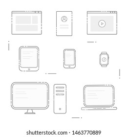 Electronic devices: desktop computer, laptop, tablet, smartphone. Device icons and screens on a white background. 